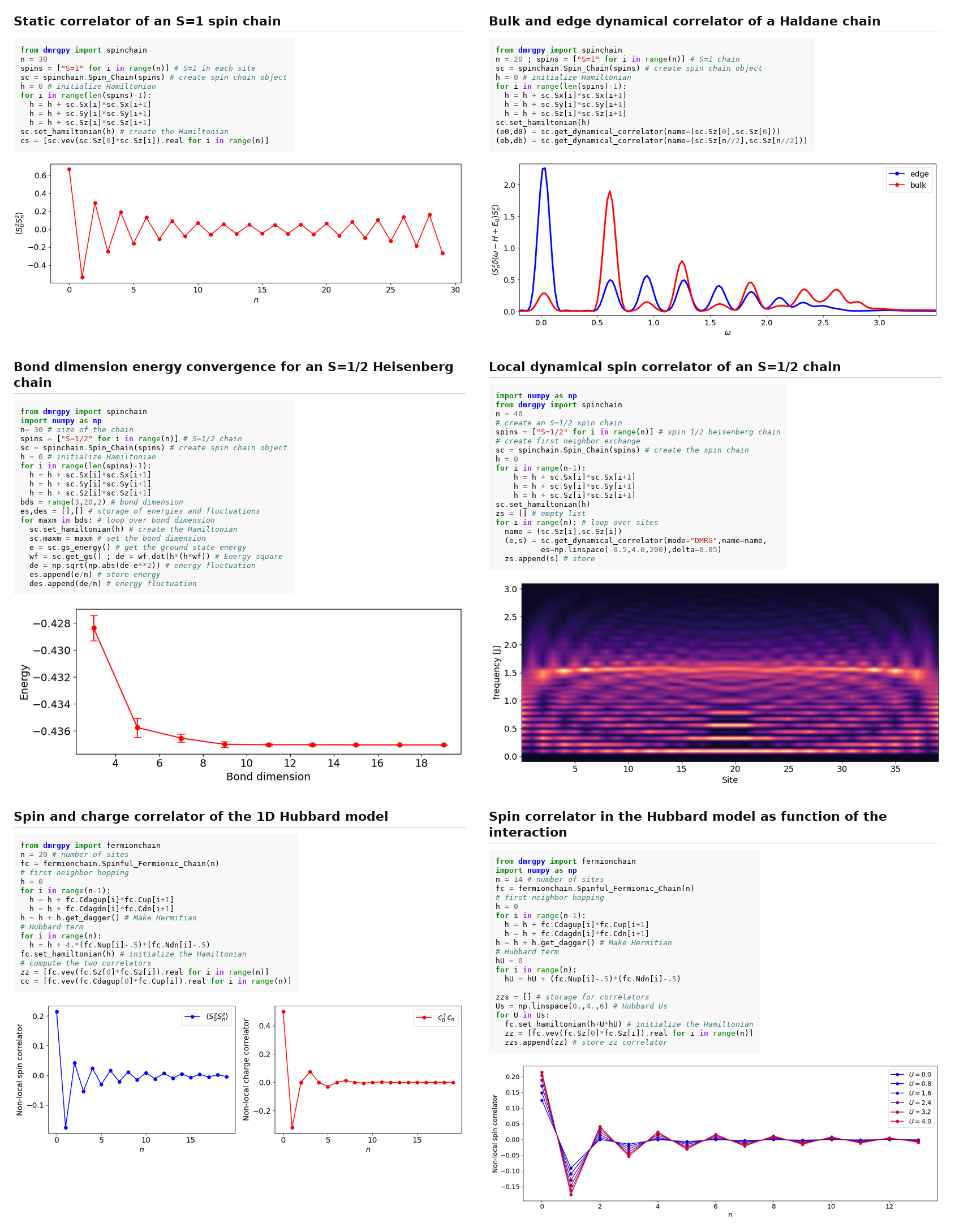 Six dmrgpy examples, each a few lines of code with its result: the static spin correlator of an S=1 chain, the bulk and edge dynamical correlators of a Haldane chain, the convergence of the ground state energy with the bond dimension, the site-resolved dynamical spin correlator of an S=1/2 chain, the spin and charge correlators of the one-dimensional Hubbard model, and the spin correlator of the Hubbard model as the interaction grows.